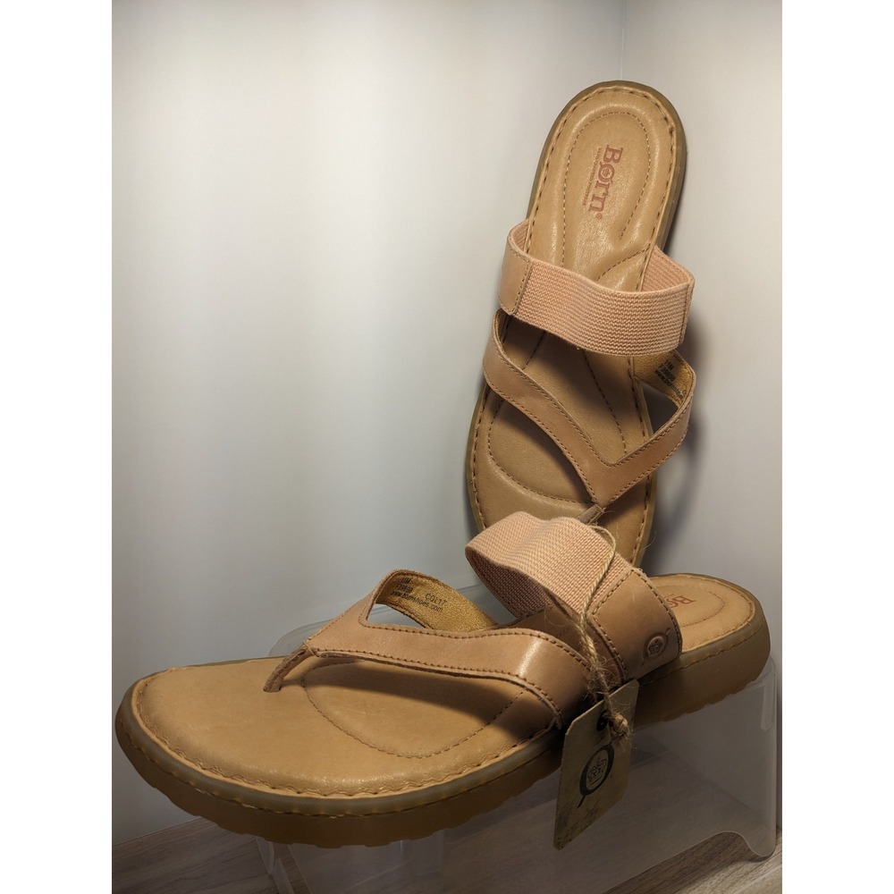 NWT Born Womens Tan Leather Thong Sandals Elastic Strap Comfort Slides‎ Size 11